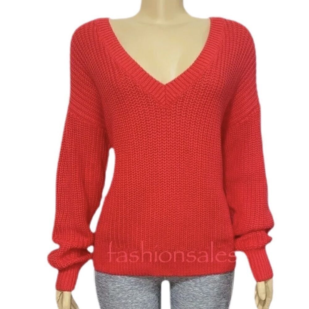 Victoria's Secret Pink Cable Knit V-Neck Pullover Sweater Red